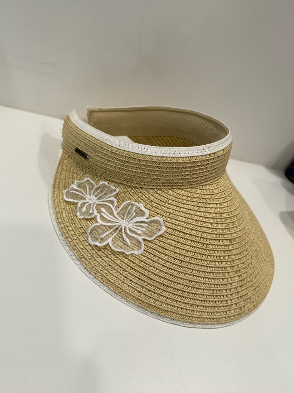 Beige Straw Visor with White Floral Trim - Women’s Sun Visor